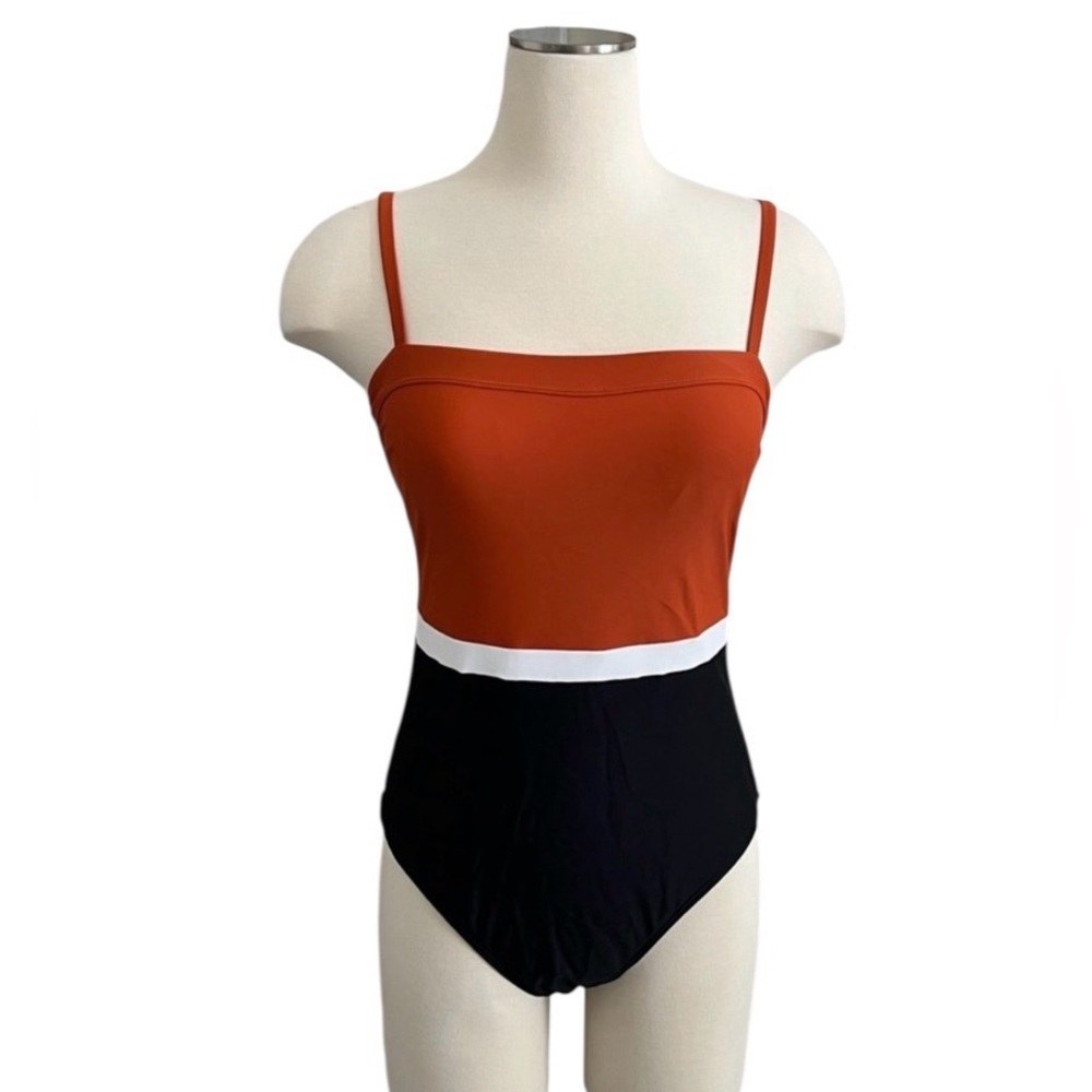 Cupshe NWOT Women’s Square Neck Color Block Orange and Black One Piece Swimsuit